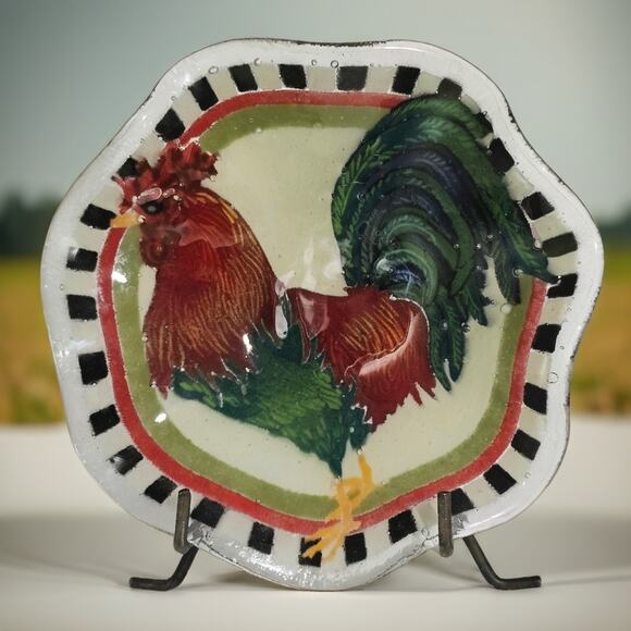 Vintage Peggy Karr Rooster Fluted Glass Bowl Signed Checkered Edge Metal Stand - Picture 1 of 10